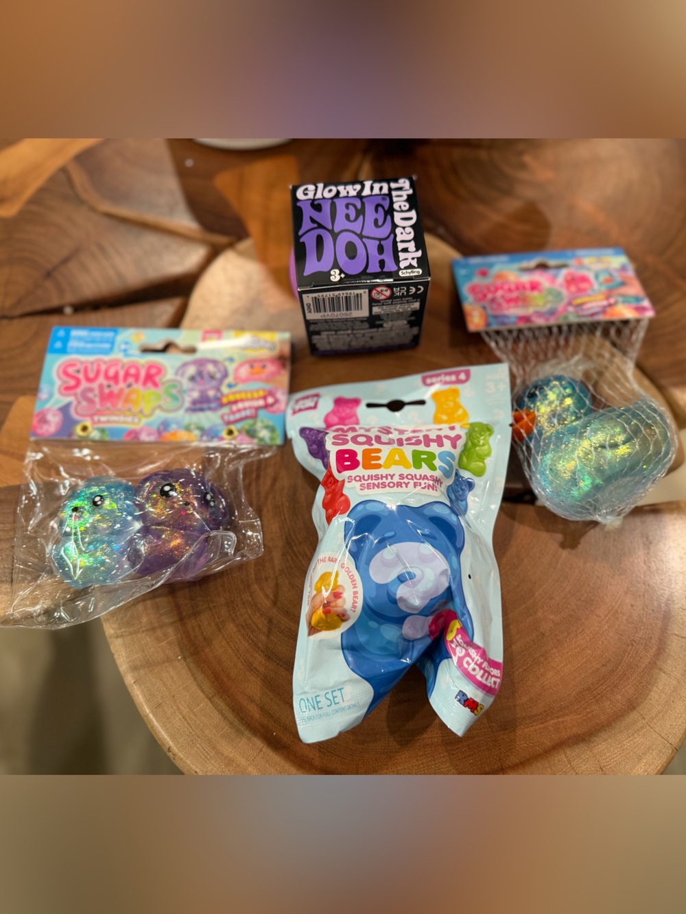 Nee Doh Glow in Dark, Sugar Swaps Puppy Dogs & Duck, Mystery Bear Squishy Bundle